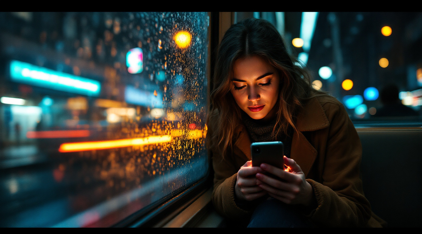 Kobieta w nocnym tramwaju trzyma telefon nisko na kolanach, ekran świeci na jej dłonie, za oknem rozmyte neony