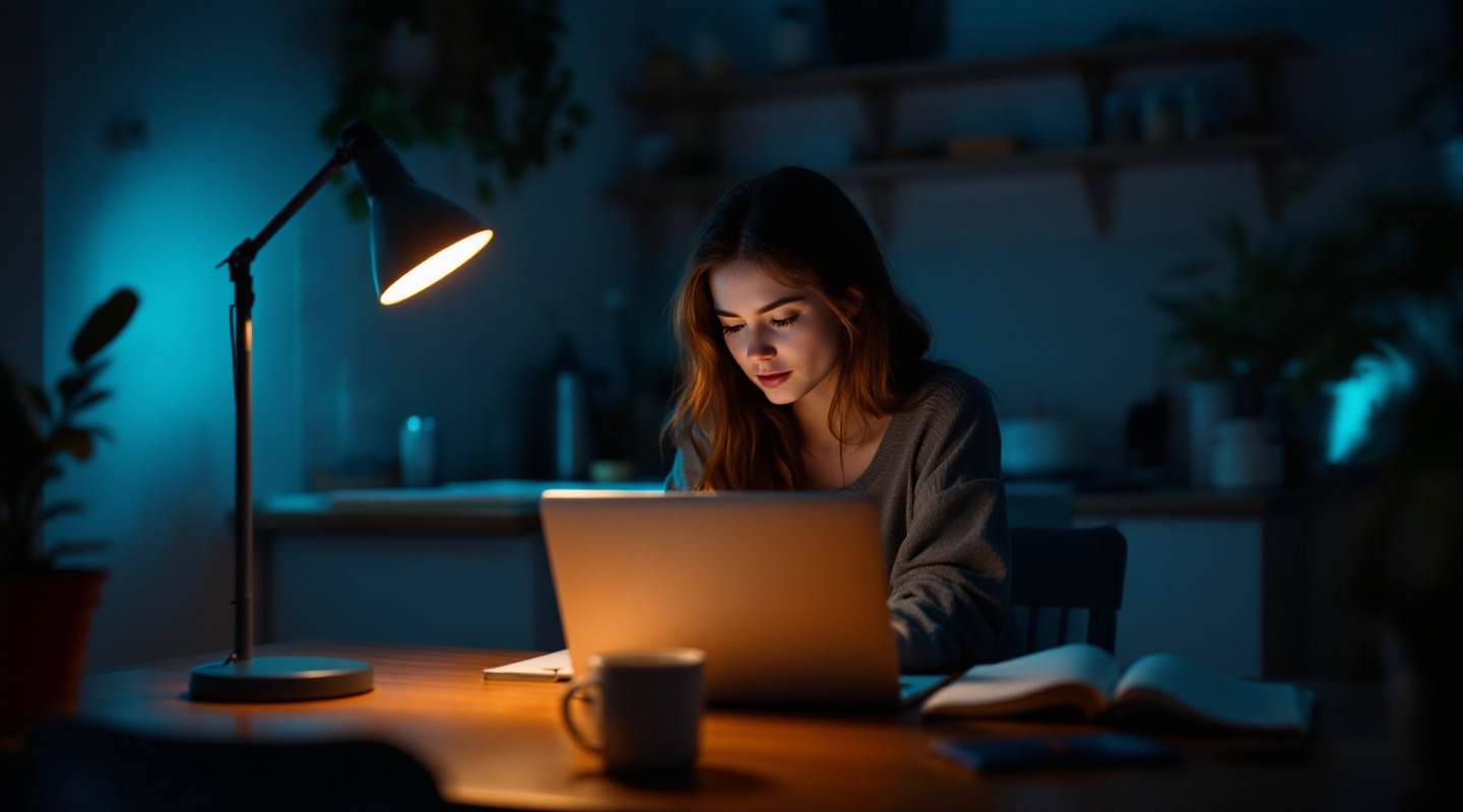 Studentka przy kuchennym stole nocą pracuje na laptopie, obok kubek i otwarty notes