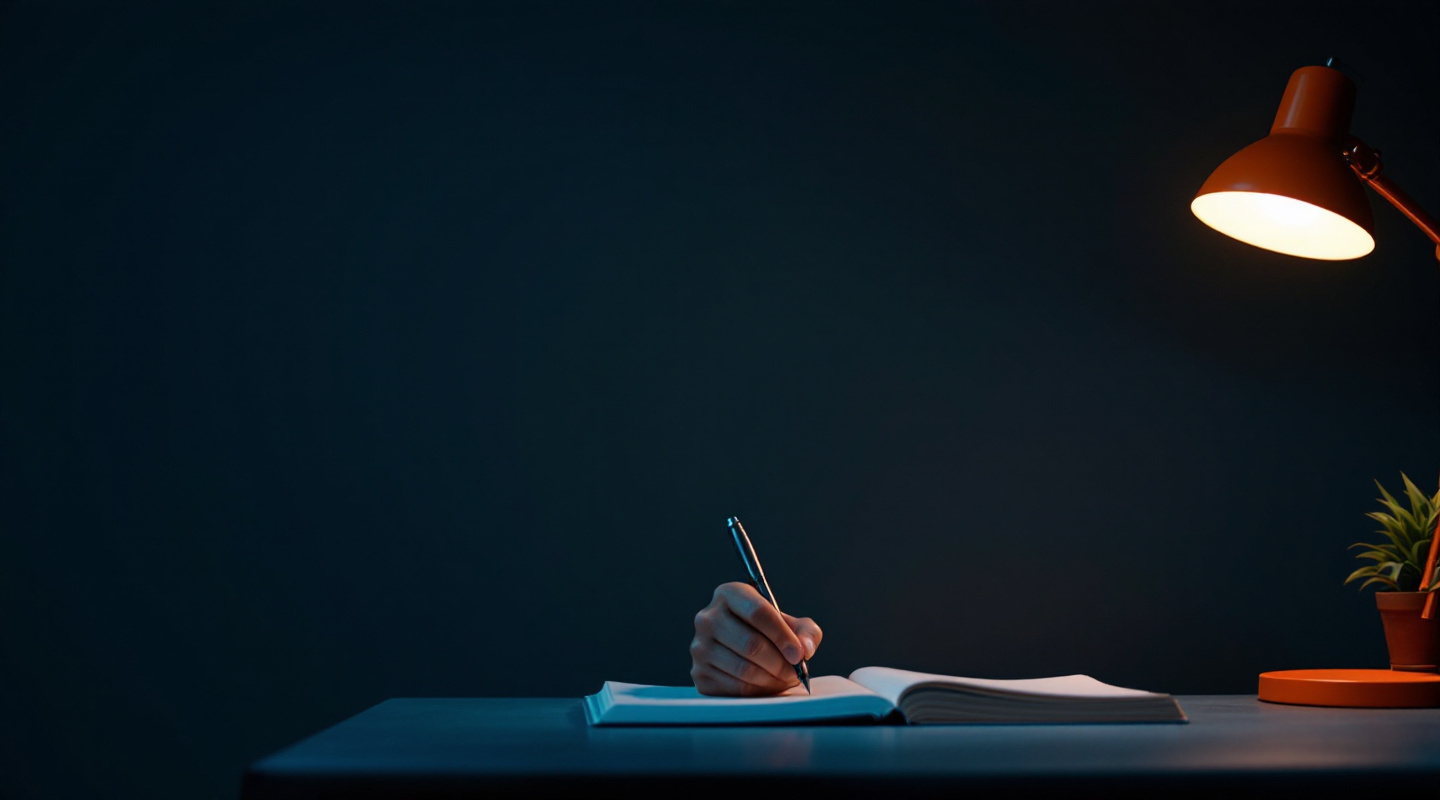 Dłoń z długopisem nad otwartym pustym notesem w kręgu światła lampy, wokół ciemność